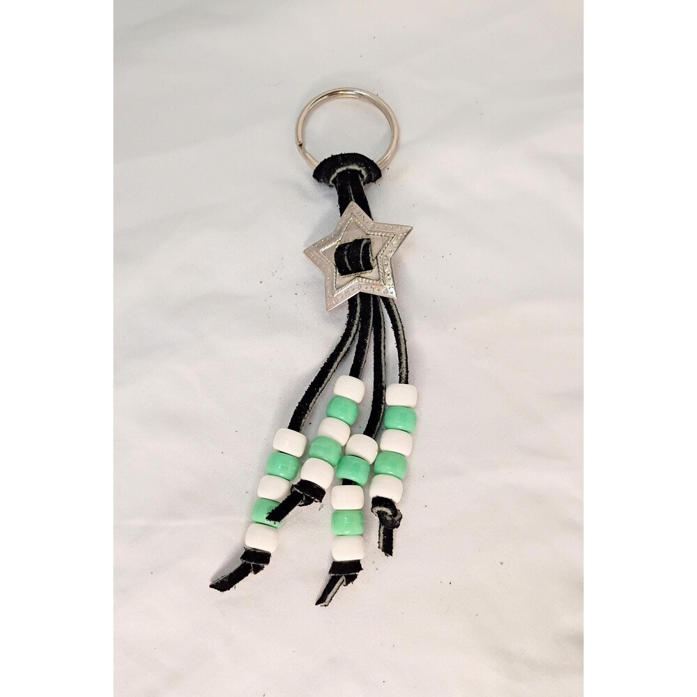 Vintage Green and White Beaded Keychain with Small Star Conch